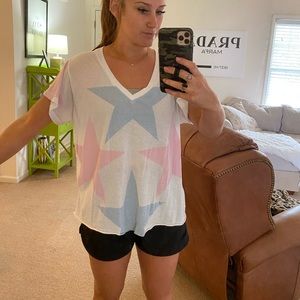 Wildfox White V-Neck Tee with Pink & Light Blue Star Print